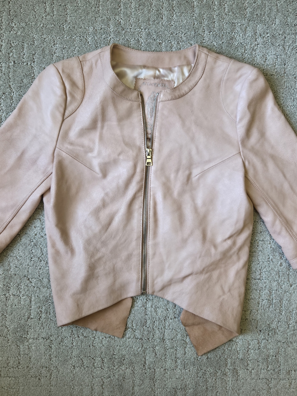 My Tribe Genuine Leather Jacket Womens XS Blush Pink Cropped Zip Up Asymmetrical